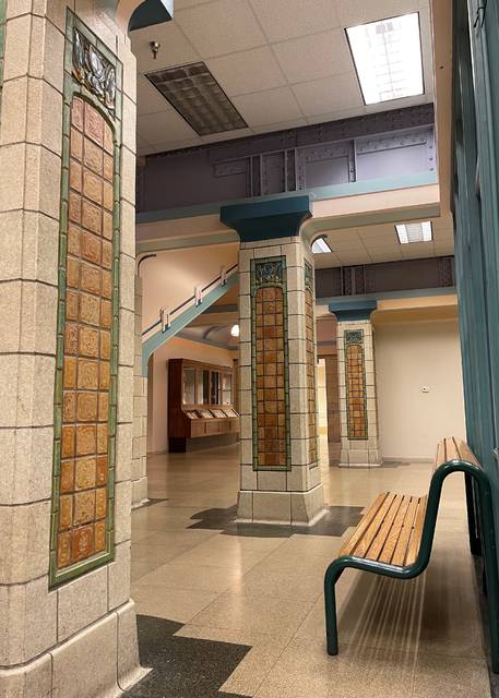 Rookwood tiles, manufactured in Cincinnati, adorn the walls of Indianapolis Union Railroad Union Station.