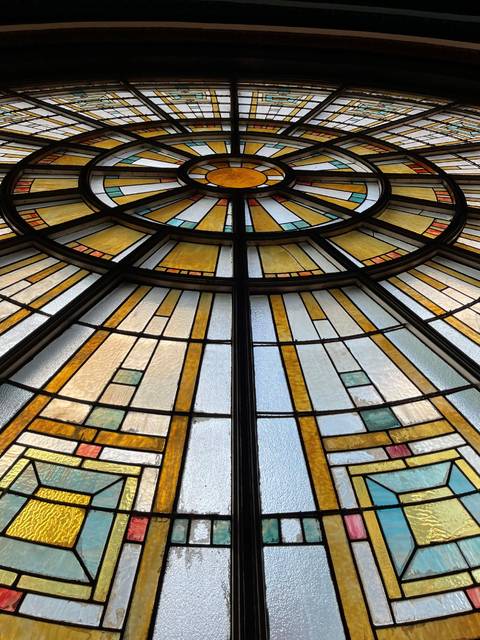 Indianapolis Union Railroad Station features two identical stained-glass wheel windows 20-feet in diameter.