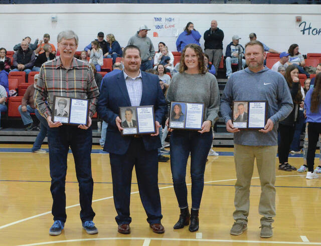 129317114_web1_RULH-Hall-of-Fame-2023
Four new members were inducted into the Ripley-Union-Lewis-Huntington High School Athletic Hall of Fame on Saturday, Jan. 28. From the left, Ronald Frebis, Jr., Damon Knoche, Kelsey Carpenter, and Eric Fulton. Photo by Wade Linville