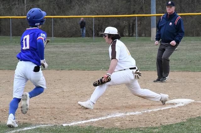 129467208_web1_Western_Brown_vs._Williamsburg_first_base
Western Brown first baseman Seth Barber, right, stretches for the ball as Williamsburgs Eli Jones (0) tries to beat out the throw during a scrimmage Thursday, March 16 at the Western Brown High School field.