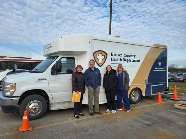 129489780_web1_Mobile-Unit-picture
The Brown County Health Department is pleased to announce the acquirement of a mobile health unit to take services to the Brown County community. From the left, Pamela Salsberry (Community Engagment Lead for Ohios HCS Project and Professor Emeritus in OSU College of Public Health) and the Brown County Health Departments Kyle Arn (Health Commissioner), Ami Yelton (RN), and Pamela Williams (Deputy Health Commissioner/Director of Nursing). Photo provided