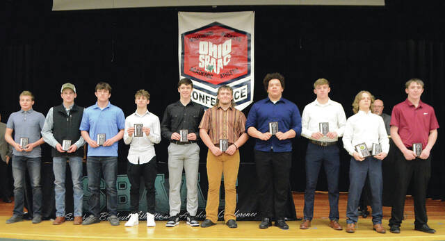 129512050_web1_National-Div-wrestling
This years Southern Buckeye Athletic/Academic Conference National Division First Team wrestlers pose with their awards. From the left, Ryan Hager (Williamsburg), Colby Johnson (Clermont Northeastern), Josh Groeber (Clermont Northeastern), Hunter Smith (Blanchester), Tristen Malone (Blanchester), Cody Kidd (Blanchester), Chasen Allison (Blanchester), Trent Grigsby (Bethel-Tate), Logan Dean (Bethel-Tate), and Hunter Darnell (Bethel-Tate).