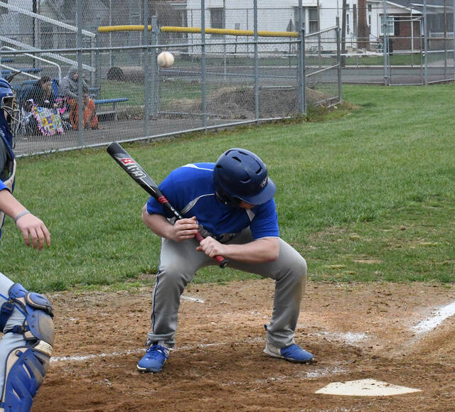 129533918_web1_Ripley_BB_14new
Ripley-Union-Lewis-Huntington High Schools Corbin Macrae ducks to avoid being hit by a pitch Saturday, April 8 against Manchester at the Ripley-Union-Lewis-Huntington field. Macrae had one of the teams three hits in the first game of the doubleheader.