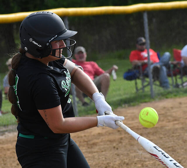 129668035_web1_F-P_SB_swing2
Fayetteville-Perry High Schools Izabella Waddle makes contact during an at-bat in a game this month against Eastern Brown High School at the Eastern Brown field – the final game before the playoffs for both teams. The Lady Rockets would go on to a section championship while the Lady Warriors would fall one win short.