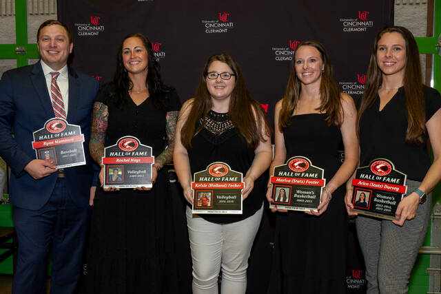 130008691_web1_UCC-HOF-23
UC Clermont 2023 Athletics Hall of Fame inductees, from left: Ryan Mummert, Rachel Hays, Kelsie Holland Fecher, Marisa Stutz Foster and Arica Stutz Dorsey. Photo by Danny Kidd