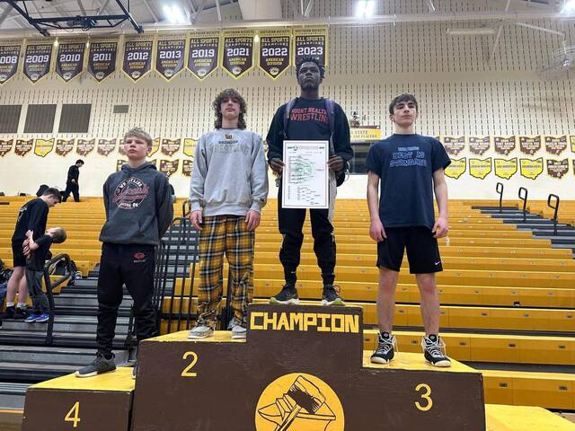 130412518_web1_IMG_0769
Western Brown junior Nathan Hite (second from the left) placed second overall in the 120-pound weight class at the Southwest District Division II Sectional Wrestling Tournament on Feb. 24, advancing to the district tournament at Wilmington High School. Above, Hite stands second on the podium at the sectional tourney. Photo provided