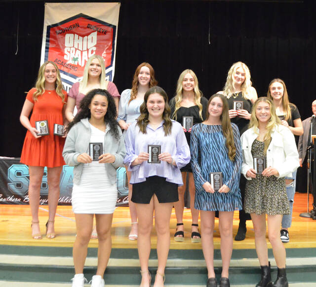 130467233_web1_American-Div.-girls-bball
The Southern Buckeye Athletic/Academic Conference American Division First Team of girls basketball all-stars pose with their awards. Front row, from the left, Miya Nance (Wilmington), Elle Martin (Wilmington), Olivia Fischer (Western Brown) and Alyssa Campbell (Western Brown); back row, Peyton Shafer (Goshen), Myah Redmon (Goshen), Aubrie Huxel (Goshen), Hannah Bowman (Clinton-Massie), Lucy Thompson (Batavia) and Averie Layman (Batavia). Photo by Wade Linville