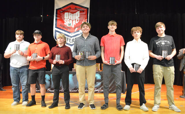 130484952_web1_American-Div.-boys-bowling
The 2023-24 Southern Buckeye Athletic/Academic Conference American Division First Team of bowlers pose with their awards. From the left, Austin Oglesby (Wilmington), Derrick Klinker (New Richmond), Wyatt Smith (Clinton-Massie), Brandon Moritz (Clinton-Massie), Sam Massie (Clinton-Massie), Mason Keck (Clinton-Massie), and Charlie Huhn (Batavia).