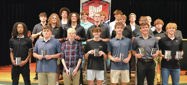 130662491_web1_american-div-boys-track
The 2024 Southern Buckeye Athletic/Academic Conference American Division First Team of boys track and field all-stars pose with their awards during the May 20 spring sports awards banquet at Hamersville School. Photo by Wade Linville