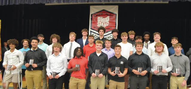 131095170_web1_American-Div-football
Receiving Southern Buckeye Athletic/Academic Conference American Division First Team football awards were (in no particular order): Eli Stewart (junior, Wilmington), Bryson Schutte (senior, Wilmington), Jesse Keith (junior, Wilmington), Malachi Cumberland (senior, Wilmington), Brady Sutton (senior, Western Brown), Tye Spaulding (junior, Western Brown), Lucas Powell (senior, Western Brown), Dylan Wolf (sophomore, New Richmond), Cohen Manning (senior, New Richmond), Silas Jacob (senior, New Richmond), Carson Hunley (senior, Goshen), Grant Hemdon (senior, Goshen), River Gambrell (senior, Goshen), Kaden Zantene (junior, Clinton-Massie), Peyton Warren (sophomore, Clinton-Massie), Brady Russell (senior, Clinton-Massie), Eli Muterspaw (junior, Clinton-Massie), Dakin Johnson (junior, Clinton-Massie), Ty Clutter (senior, Clinton-Massie), Max Mehlman (senior, Batavia), Marcus Hughbanks (junior, Batavia), Carson Harris (junior, Batavia), AJ Graves (junior, Batavia), and Vontay Calloway (junior, Batavia). Photo by Wade Linville